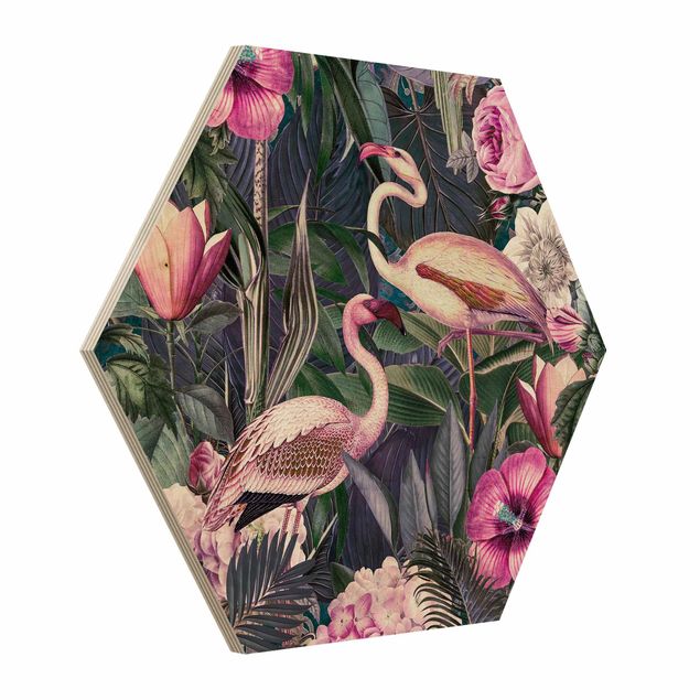Tavlor blommor Colorful Collage - Pink Flamingos In The Jungle