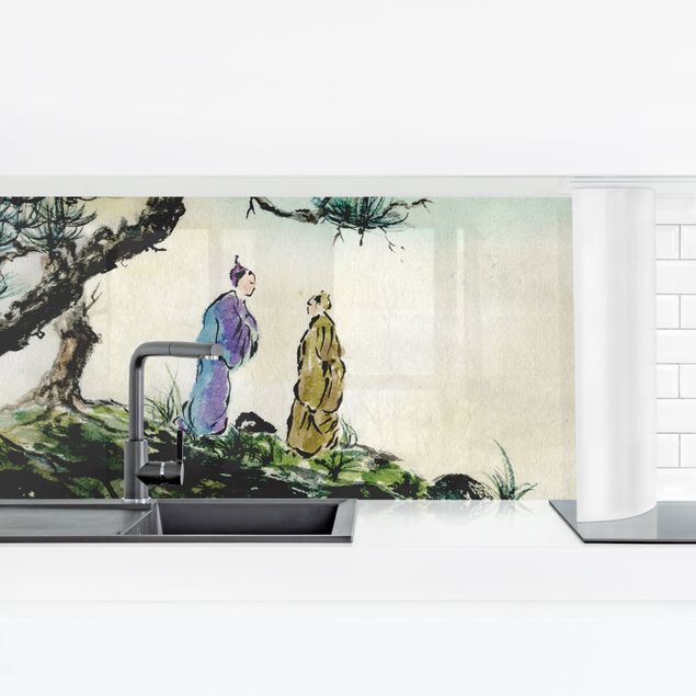 Küchenrückwand - Japanische Aquarell Zeichnung Kiefer und Bergdorf