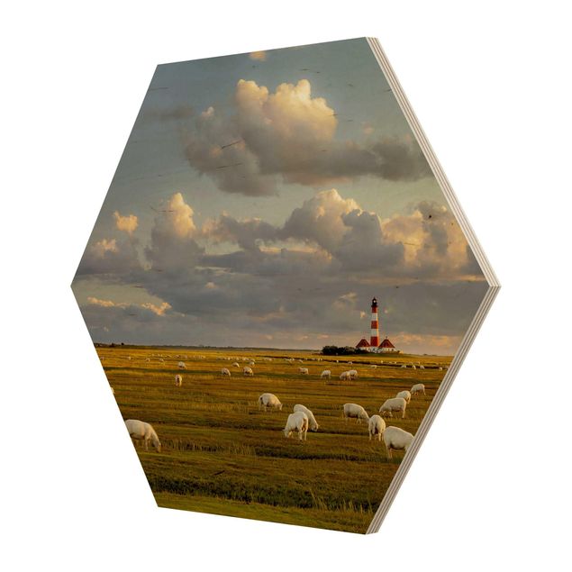 Hexagonala tavlor North Sea Lighthouse With Flock Of Sheep
