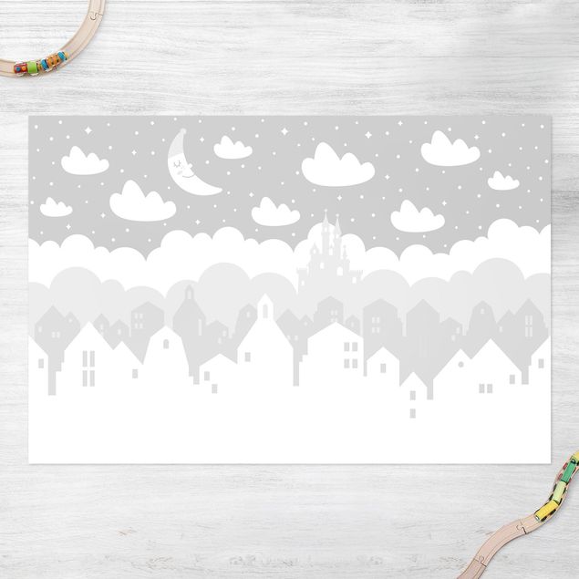 utomhusmattor Starry Sky With Houses And Moon In Grey