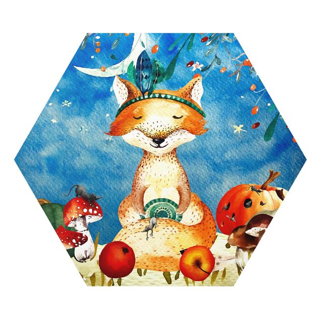 Tavlor blå Watercolor Fox In The Moonlight