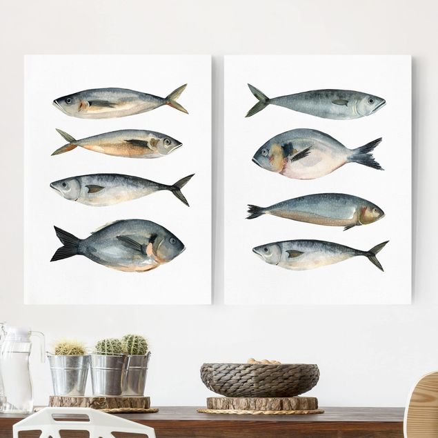 Canvastavlor fisk Eight Fish In Watercolour Set I