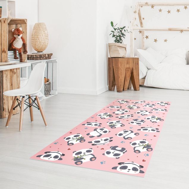 mattor med bambumotiv Cute Panda With Paw Prints And Hearts Pastel Pink