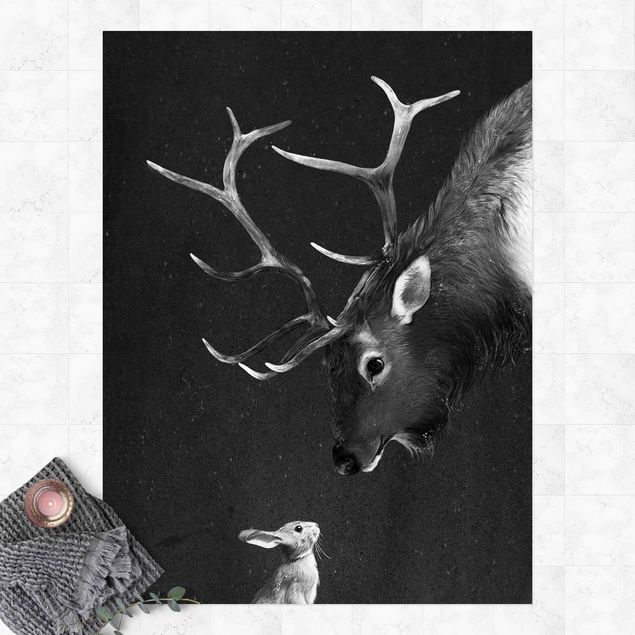 stor utomhusmatta Illustration Deer And Rabbit Black And White Drawing
