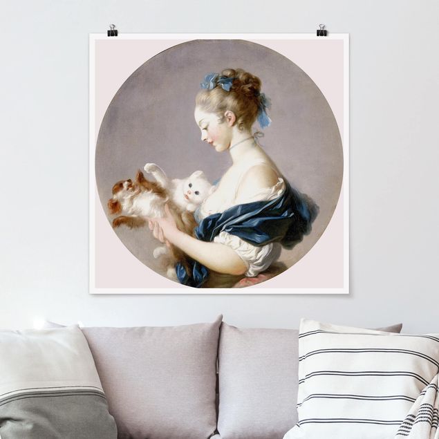 Tavlor hundar Jean Honoré Fragonard - Girl playing with a Dog and a Cat