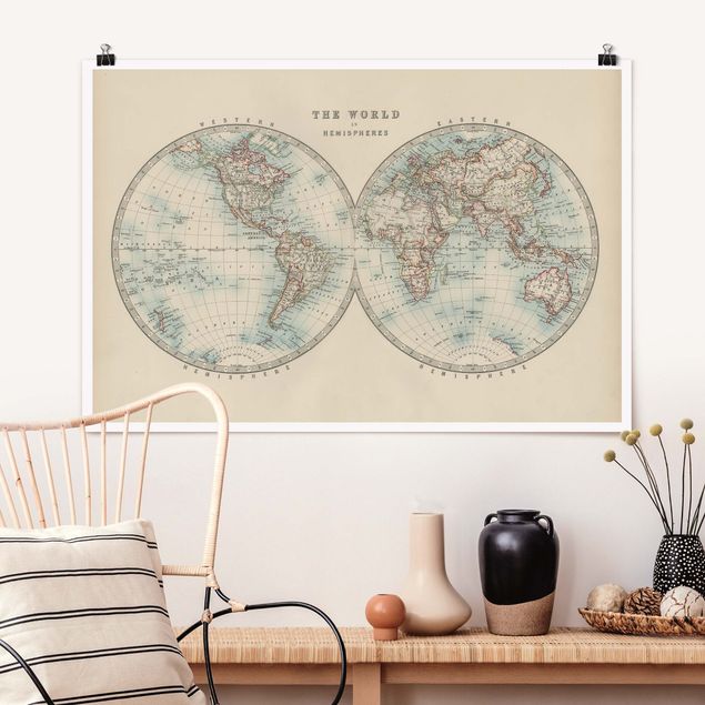 Kök dekoration Vintage World Map The Two Hemispheres
