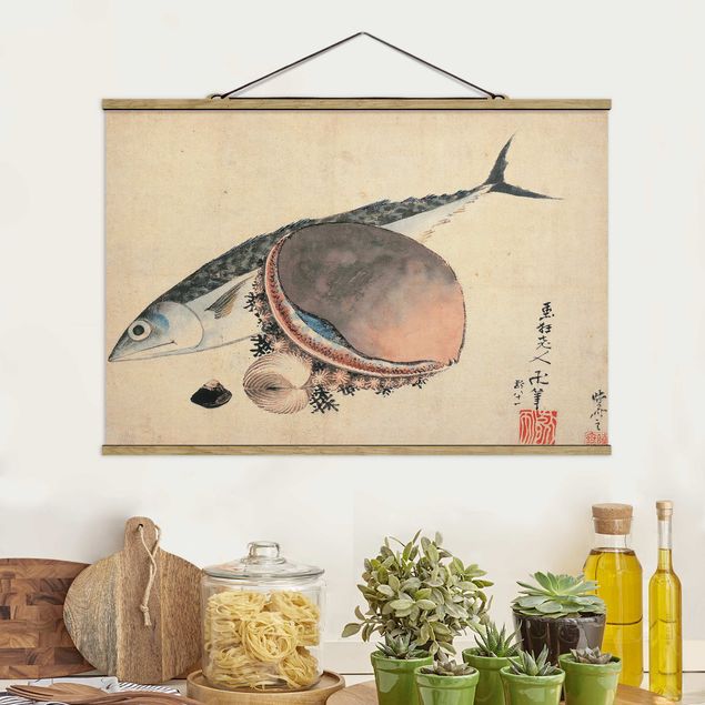 Kök dekoration Katsushika Hokusai - Mackerel and Sea Shells