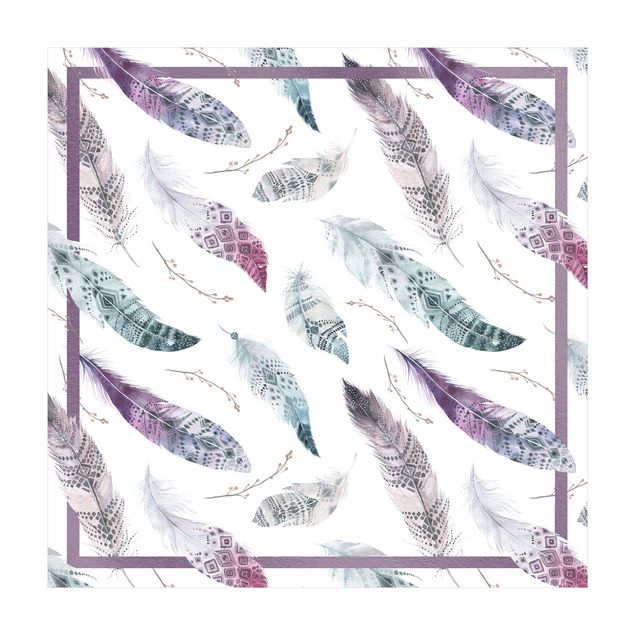 mattor matsal Boho Watercolour Feathers In Aubergine And Petrol Colour With Frame