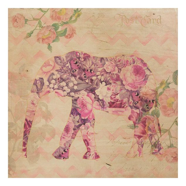 Trätavlor blommor  Vintage Collage - Pink Flowers Elephant