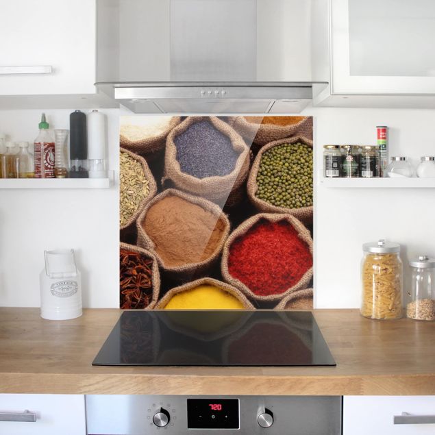 Stänkskydd kök glas kryddor och örter Colourful Spices
