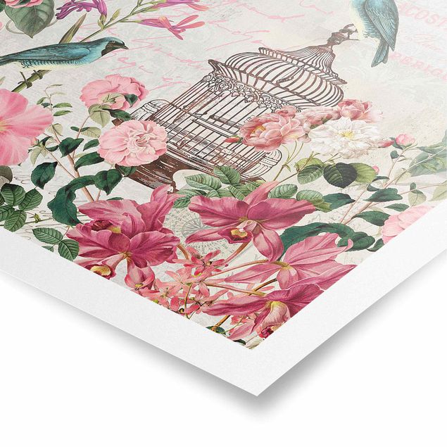 Tavlor blå Shabby Chic Collage - Pink Flowers And Blue Birds