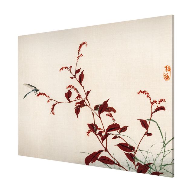 Tavlor blommor Asian Vintage Drawing Red Branch With Dragonfly