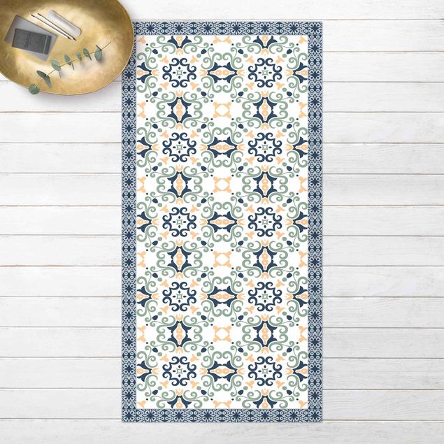 utomhusmattor Floral Tiles Yellowish Blue With Border