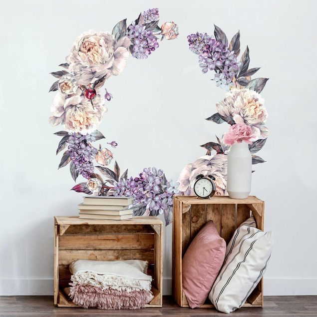 Autocolantes de parede rosas Watercolour Lilac Peonies Wreath XXL