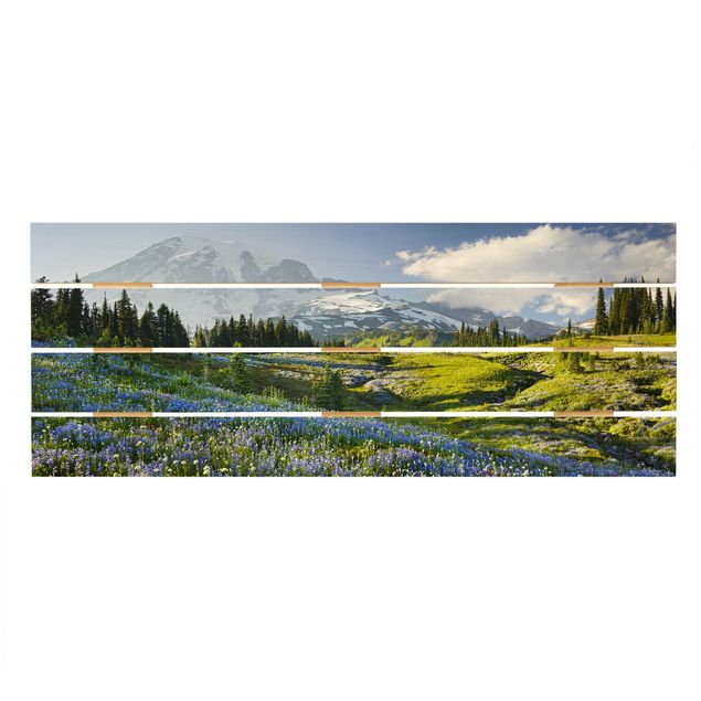 Tavlor Rainer Mirau Mountain Meadow With Blue Flowers in Front of Mt. Rainier