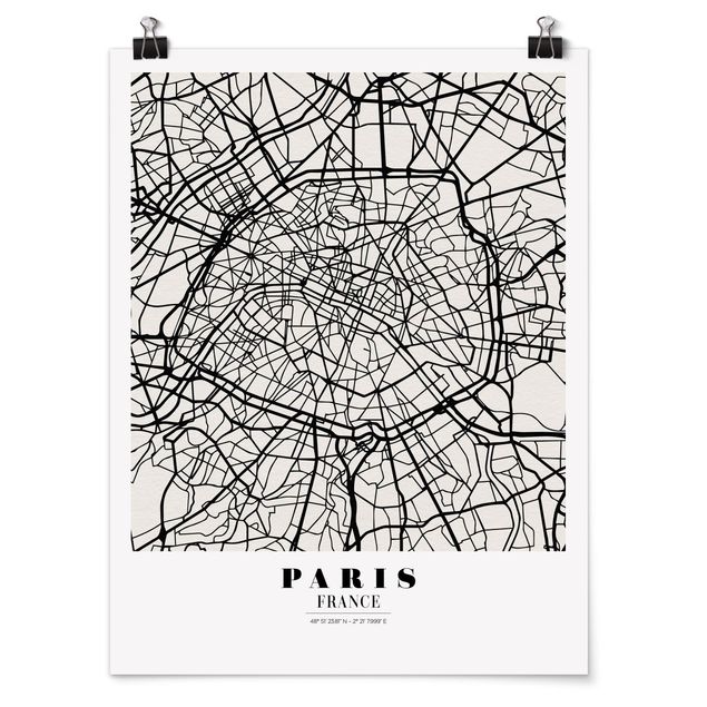Posters svart och vitt Paris City Map - Classic