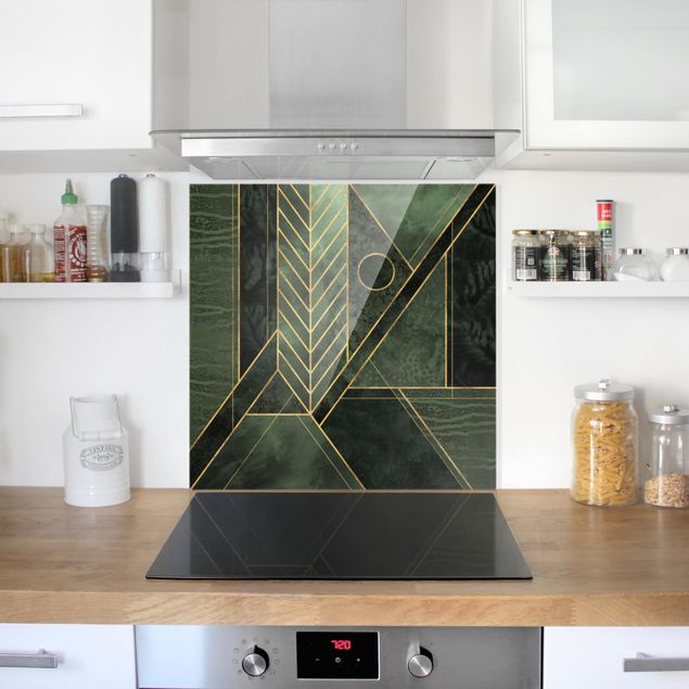 Stänkskydd kök glas mönster Geometric Shapes Emerald Gold