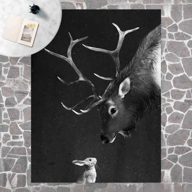 balkongmatta Illustration Deer And Rabbit Black And White Drawing