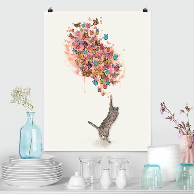 Tavlor katter Illustration Cat With Colourful Butterflies Painting