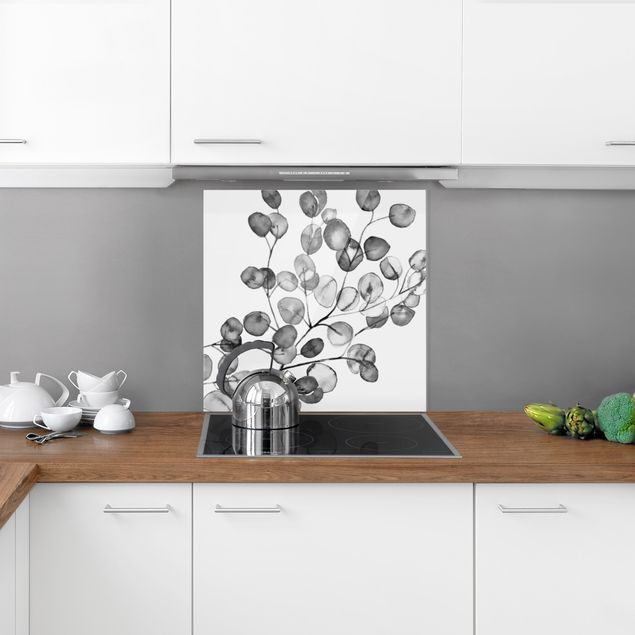 Stänkskydd kök glas blommor  Black And White Eucalyptus Twig Watercolour