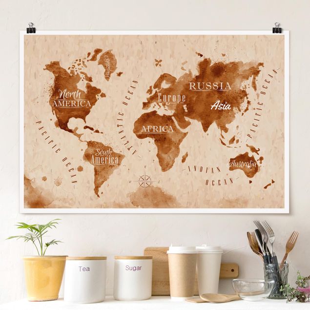 Posters världskartor World Map Watercolour Beige Brown