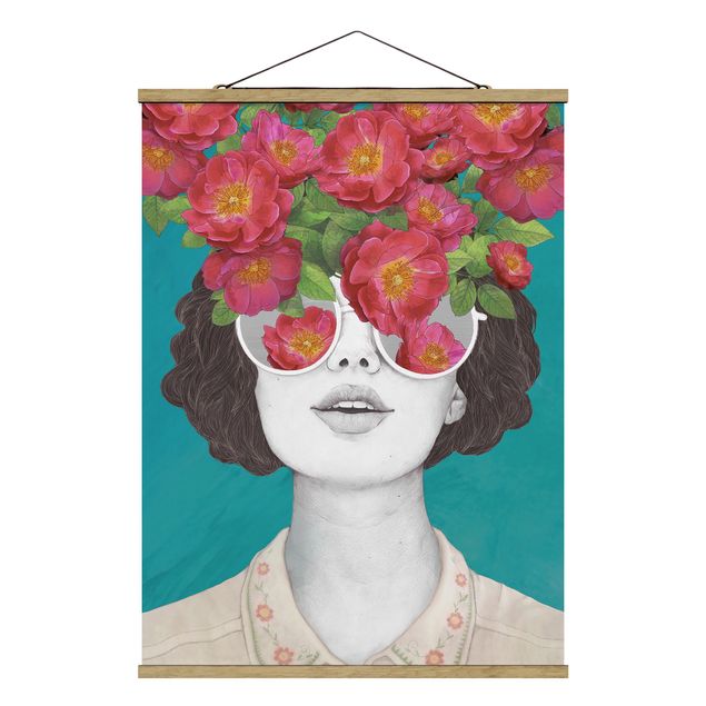 Tavlor modernt Illustration Portrait Woman Collage With Flowers Glasses