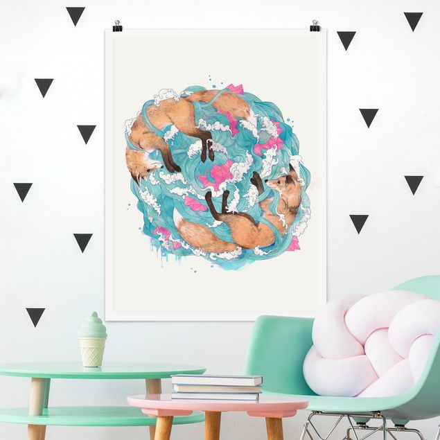 Posters konstutskrifter Illustration Foxes And Waves Painting