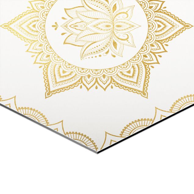 Hexagonala tavlor Hamsa Hand Lotus OM Illustration Set Gold