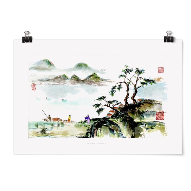 Posters landskap Japanese Watercolour Drawing Lake And Mountains