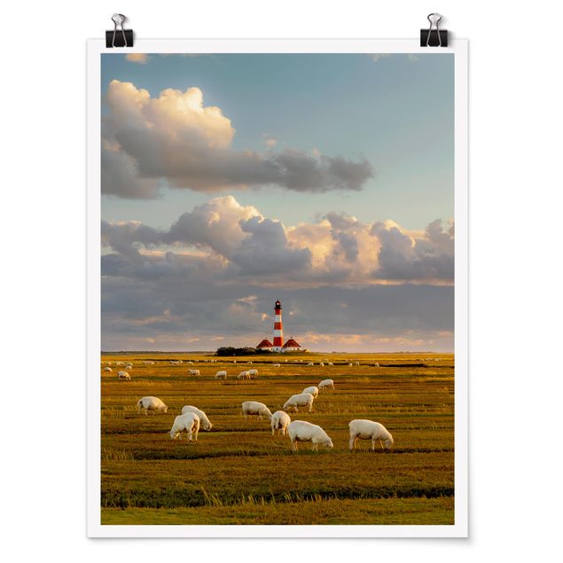 Posters landskap North Sea Lighthouse With Flock Of Sheep