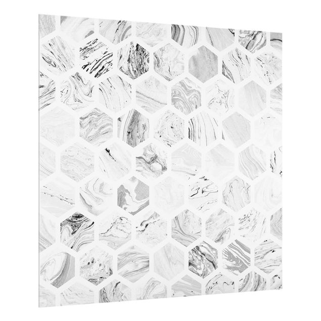 Stänkskydd kök glas sten utseende Marble Hexagons In Greyscales