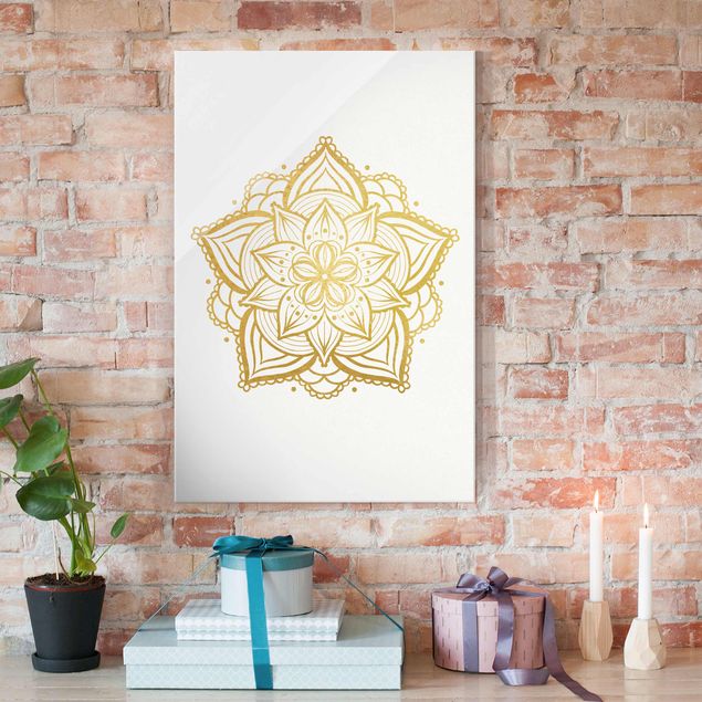 Glastavlor andlig Mandala Flower Illustration White Gold