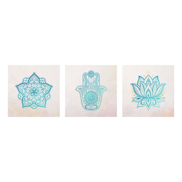 Tavlor mönster Mandala Hamsa Hand Lotus Set Gold Blue