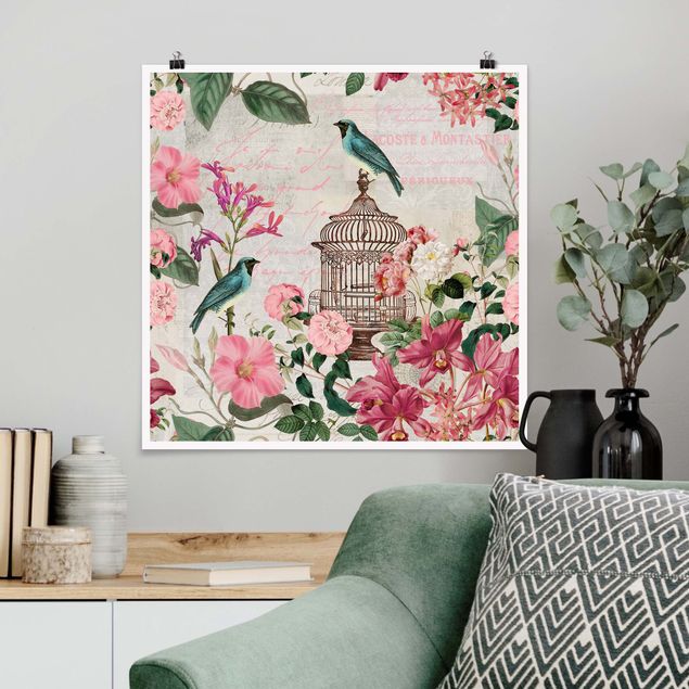 Kök dekoration Shabby Chic Collage - Pink Flowers And Blue Birds