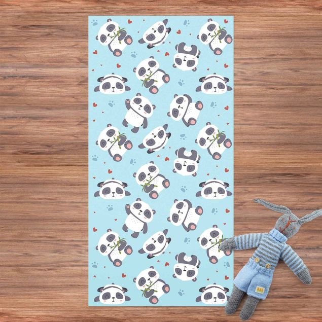 balkongmatta Cute Panda With Paw Prints And Hearts Pastel Blue