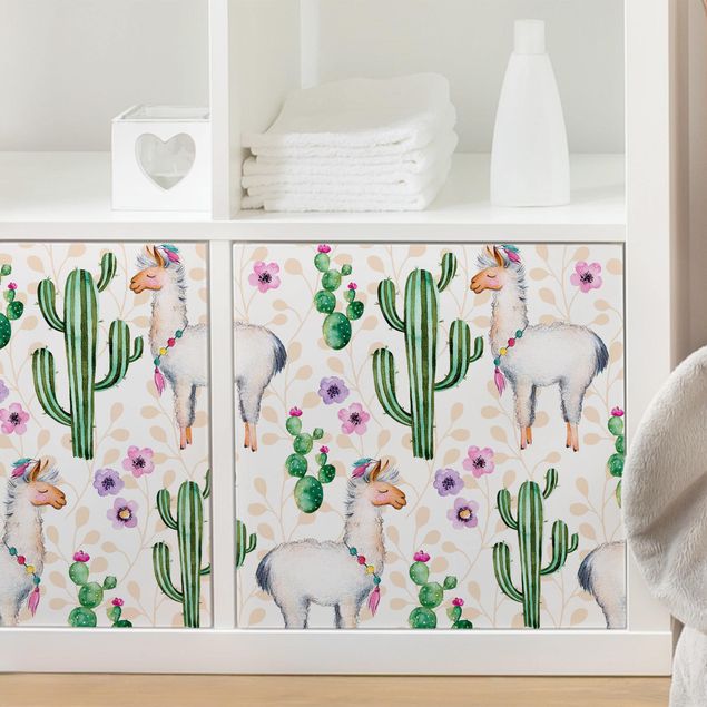 Självhäftande folier blommor  Lama And Cacti Watercolour
