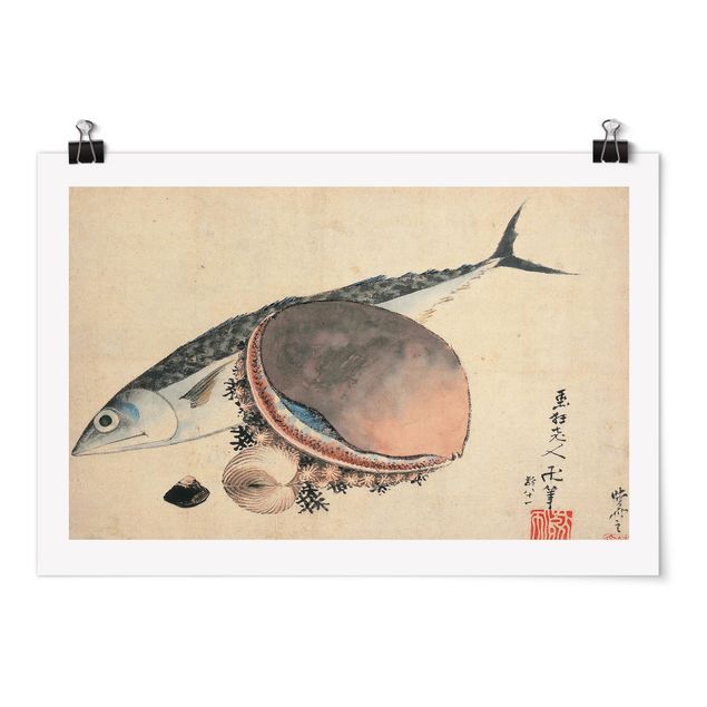 Posters konstutskrifter Katsushika Hokusai - Mackerel and Sea Shells