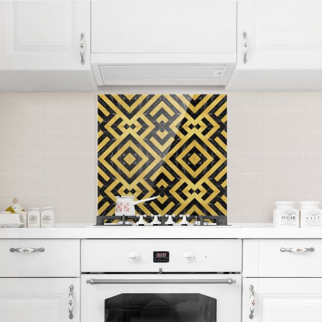 Stänkskydd kök glas mönster Geometrical Tile Mix Art Deco Gold Black Marble
