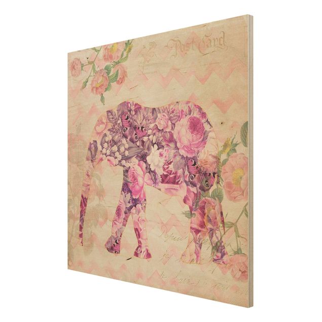 Trätavlor vintage Vintage Collage - Pink Flowers Elephant