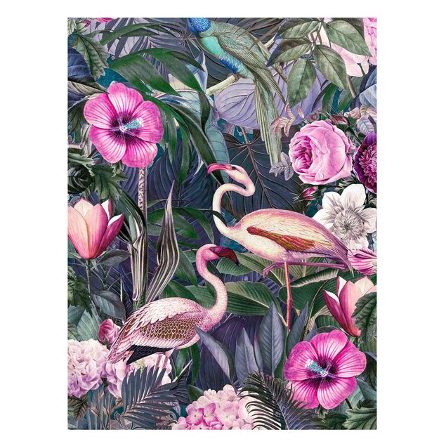 Magnettavla blommor  Colourful Collage - Pink Flamingos In The Jungle