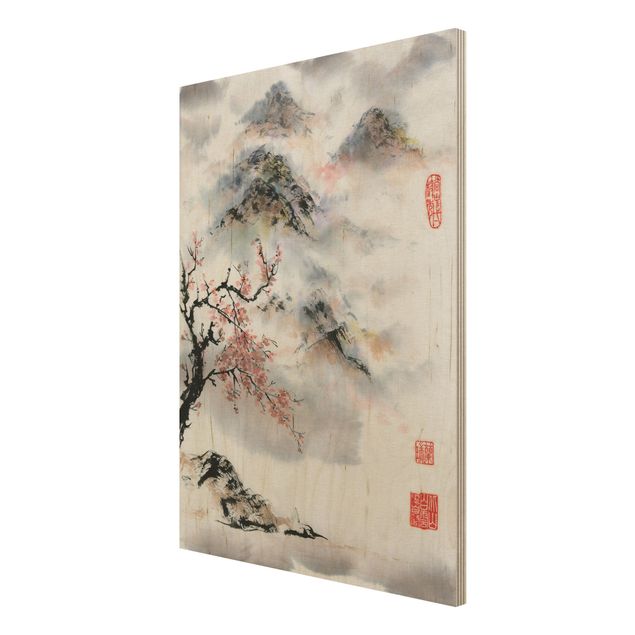 Trätavlor landskap Japanese Watercolour Drawing Cherry Tree And Mountains