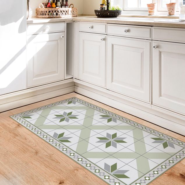 långa mattor Geometrical Tiles Rhombic Flower Olive Green With narrow Border