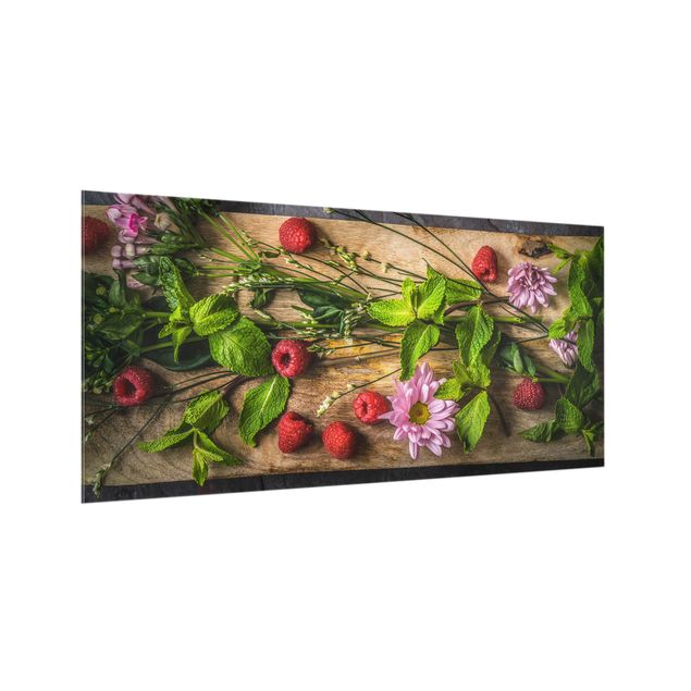 Stänkskydd kök glas kryddor och örter Flowers Raspberry Mint