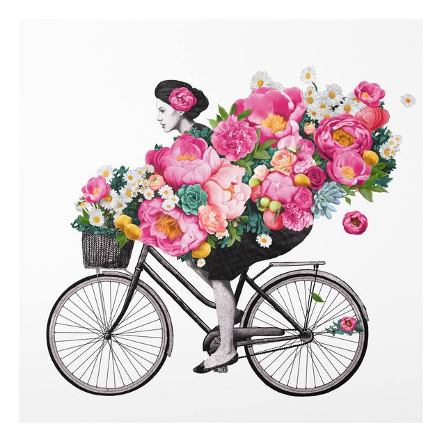 Kök dekoration Illustration Woman On Bicycle Collage Colourful Flowers