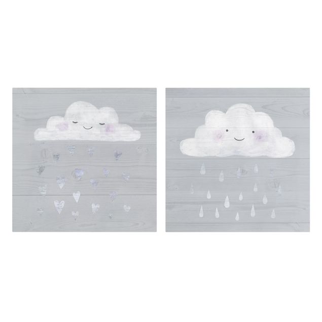 Canvastavlor Clouds With Silver Hearts And Drops Set I