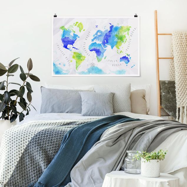 Posters världskartor World Map Watercolour Blue Green