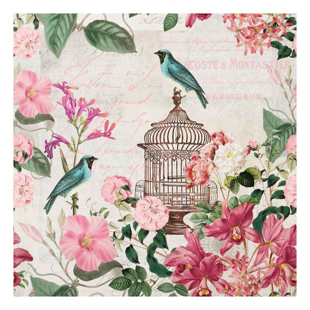 Tavlor blommor Shabby Chic Collage - Pink Flowers And Blue Birds