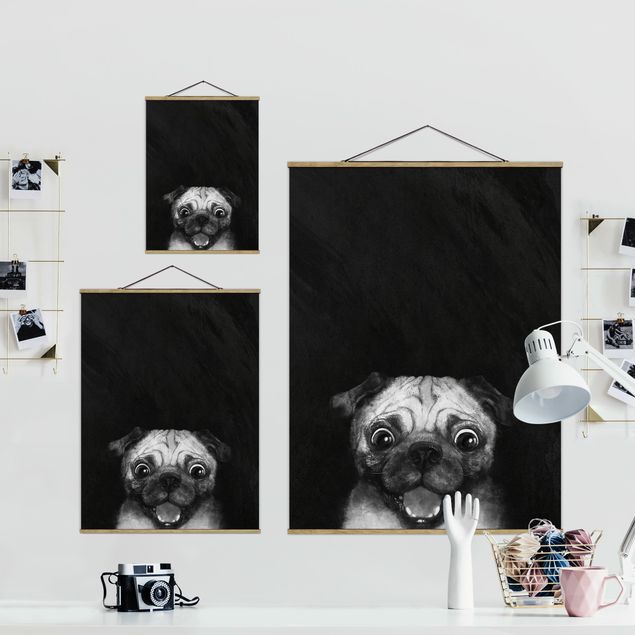 Tavlor svart Illustration Dog Pug Painting On Black And White