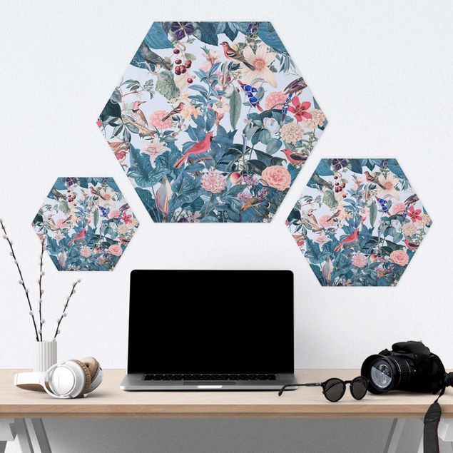 Hexagon Bild Forex - Vintage Collage - Vogelgarten