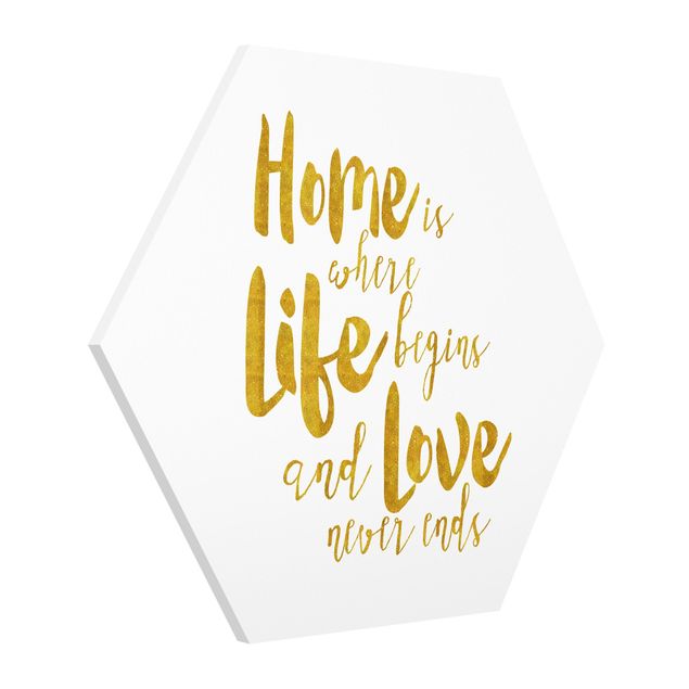 Tavlor ordspråk Home Is Where Life Begins Gold
